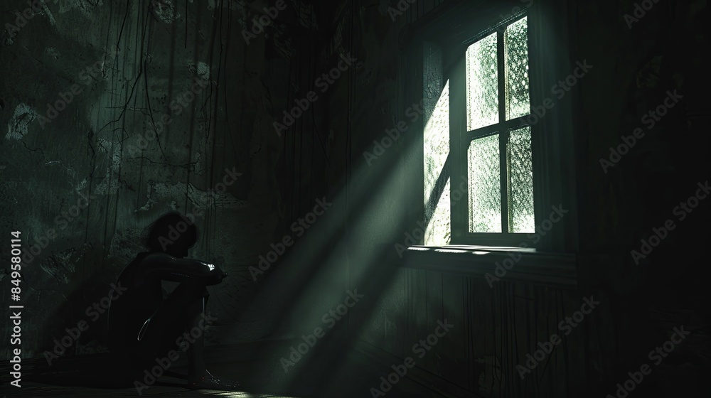 Poster a person sits alone in a dimly lit room, their face partially hidden in shadows. a single ray of lig