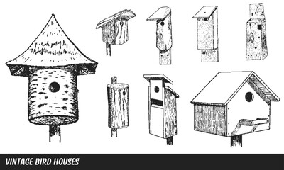 Vintage Vector Birdhouse Collection Isolated on White Background