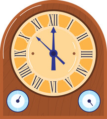 Oldfashioned clock wood frame, Roman numerals marking hours, two small dials below main face. Wooden clock vintage style dcor, isolated white background timeless design piece. Illustrative antique