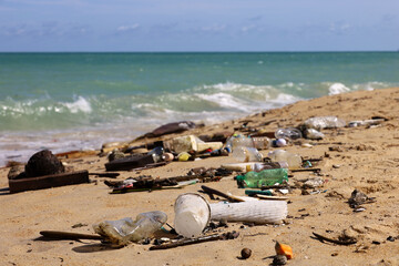 World ocean pollution, plastic garbage on a sand of sea beach in Southeast Asia