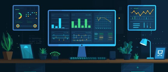 Modern workspace featuring multiple screens displaying analytical data, charts, and graphs. Ideal for technology, finance, and productivity themes.