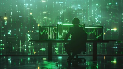 Silhouette of a person analyzing financial data on multiple screens in a cyberpunk-themed office with a green futuristic cityscape backdrop.