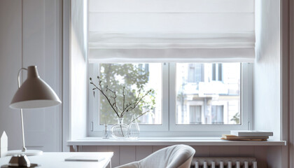 White Roman blinds on the windows in the living room.
