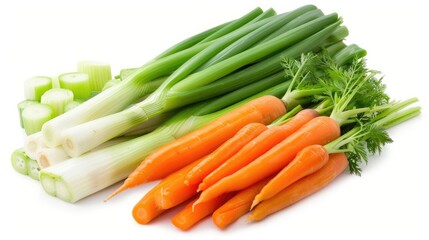 vegetables on white background, green leek and carrots with garlic or onion isolated on white background