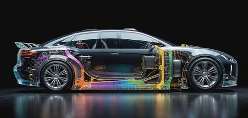 Conceptual view of a transparent fictional car, with exposed technical interior parts in a futuristic design