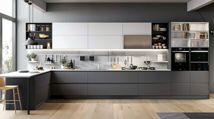 Fototapeta premium a modern kitchen interior adorned with gray and white cabinets, built-in appliances seamlessly integrated into the wall, and light wood flooring, offering a contemporary culinary haven.
