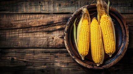 corn on the cob presented on a plate from a top-down perspective, with a charming wooden table background, perfect for farm-to-table dining concepts.