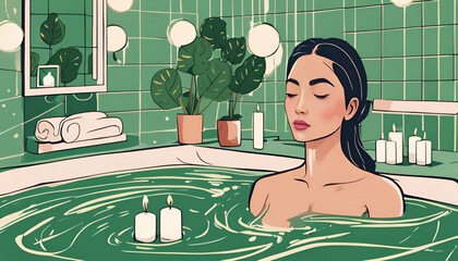 relax woman doing skin care in buble bath