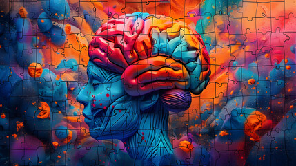 A striking and colorful artistic representation of the human brain on a textured background