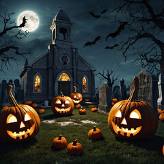 Realistic panorama, Spooky Halloween landscape at midnight, skulls with menacingly glowing eyeholes, sinister Halloween pumpkins with wicked grins, old