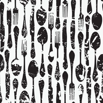 seamless pattern with cutlery fork spoon and knife in grunge style. Suitable for vintage Wallpaper, wrapping paper, fabric