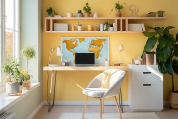 Fototapeta premium A yellow and white room with a desk and chair
