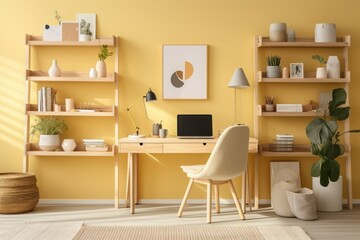 A yellow and white room with a desk and chair
