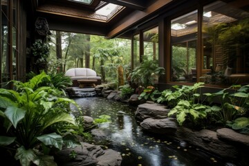 A beautiful garden with a small waterfall and a pond