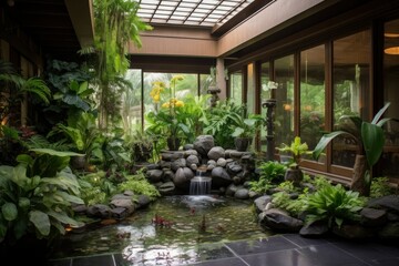 A beautiful garden with a small waterfall and a pond