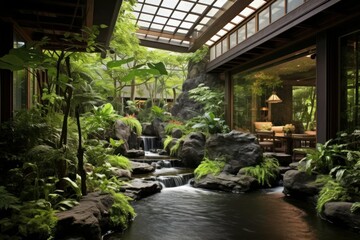 A beautiful garden with a small waterfall and a pond