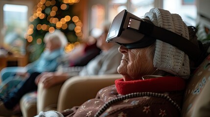 an elderly woman immerses herself in virtual reality, seated in a living room armchair with a relaxed expression, while another person accompanies her, evoking a heartwarming scene of shared joy.