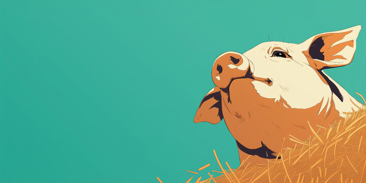 Veterinary agricultural banner copy space, pig on blue background