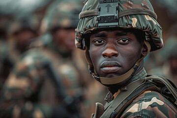 Fototapeta premium Closeup of African American male soldier in camouflage military uniform performing duties in the forest.