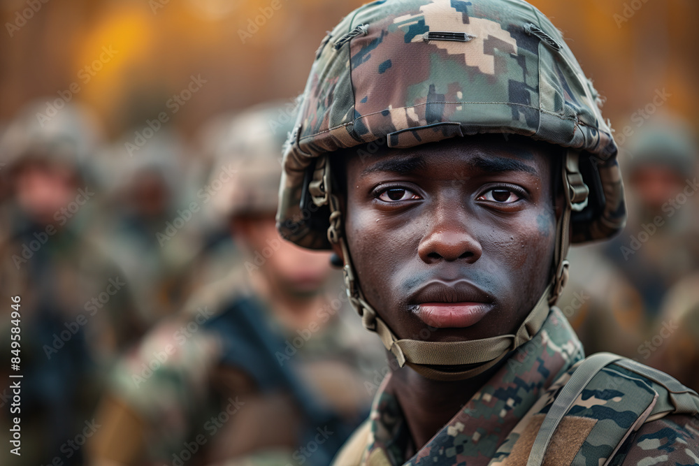 Poster Closeup of African American male soldier in camouflage military uniform performing duties in the forest.