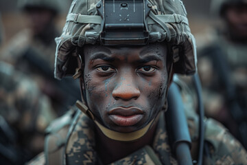 Fototapeta premium Closeup of African American male soldier in camouflage military uniform performing duties in the forest.