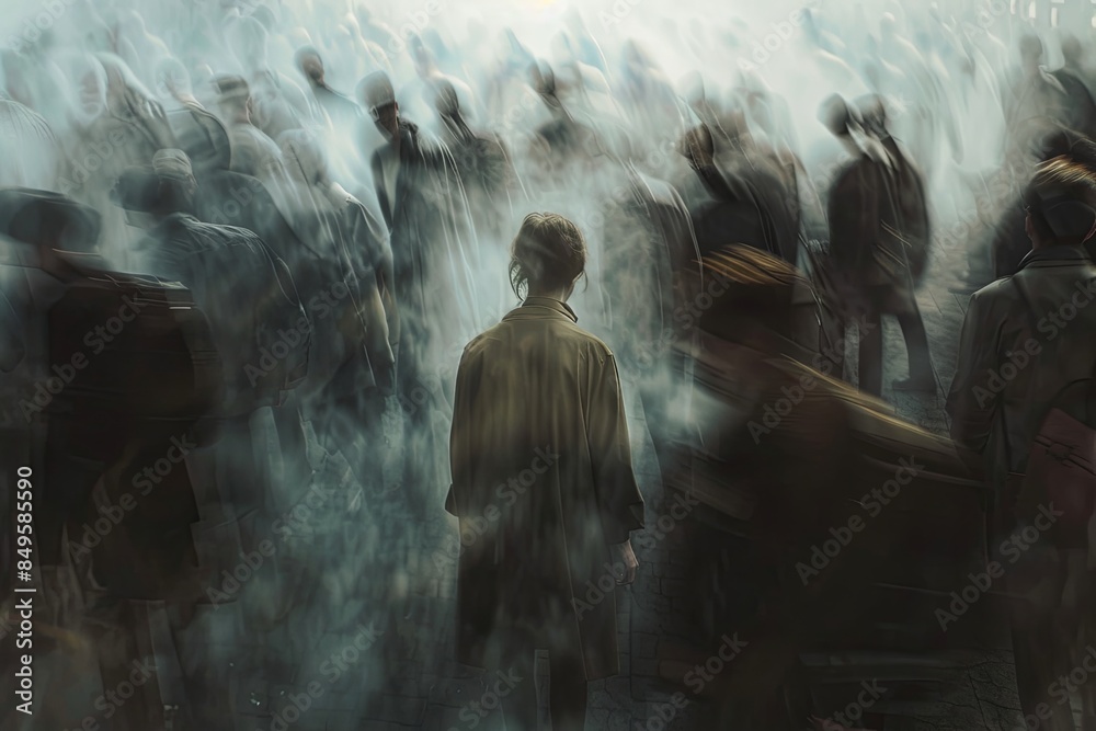 Aufkleber a solitary person stands in a crowded room, appearing detached and alone. the background is blurred,