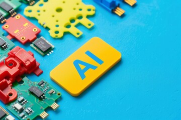 Obraz premium AI concept in playful setting with toy blocks and electronic elements, demonstrating machine learning and childlike curiosity in technology education.