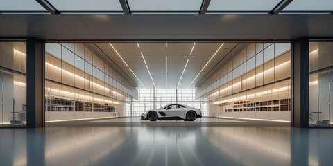 Modern luxury garage featuring a sleek sports car in a high-tech environment. Ideal for showcasing automotive excellence, advanced design, and sophisticated car storage solutions.