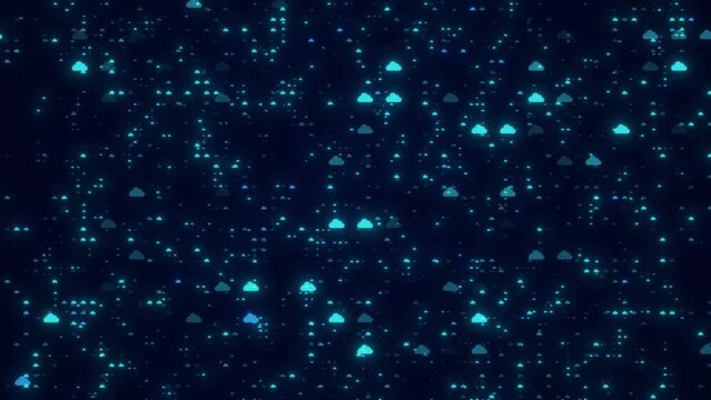 Camera Flying In To The Digital Cloud Server. Cloud Server Storage Data Technology Background.  High Tech Cloud Server Icon randomly Animation, Internet  Data Animation Background Computer Server Tech