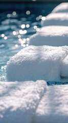 luxury leisure with pristine white towels elegantly draped over sunbeds, beckoning guests to indulge in relaxation by the sparkling outdoor swimming pool of a lavish hotel resort.