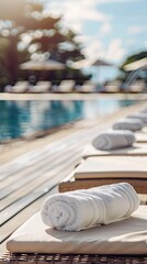 luxury leisure with pristine white towels elegantly draped over sunbeds, beckoning guests to indulge in relaxation by the sparkling outdoor swimming pool of a lavish hotel resort.