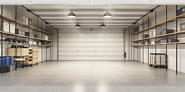 Spacious, organized garage with ample storage solutions. Features shelves, cabinets, and drawers for efficient storage. Perfect for showcasing clean, functional, and modern garage spaces.