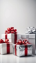 A variety of red and silver gift boxes with white and silver ribbons, creating a visually stunning and festive display, perfect for any celebration or gift exchange