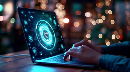 Close-up of a person using a laptop with futuristic digital interface, bokeh background.