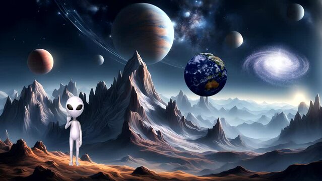 a view of mountains, a star-lit sky, planets, with celestial bodies such as planets floating in the sky Seamless looping 4k time-lapse animation video background