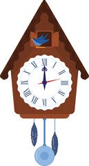 Brown wooden cuckoo clock blue bird emerging door. Roman numeral clock face dark blue hands. Two weights light pendulum hanging below clock