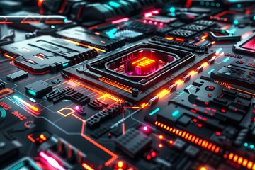 Obraz premium Advanced motherboard circuit with intense red lighting, emphasizing high tech digital computing and data processing capabilities.