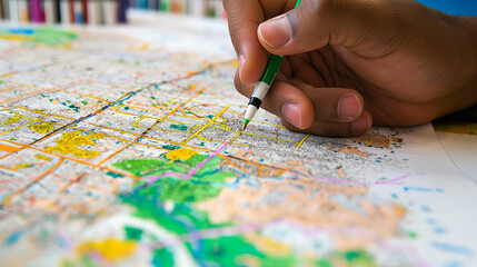 Urban planner analyzing city map and zoning areas with colored markers to strategize future developments.
