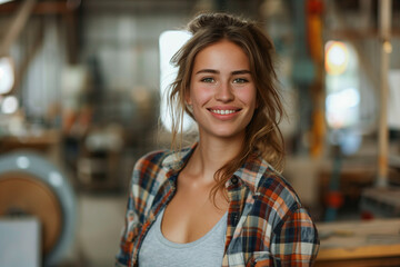 Caucasian woman smiling with confidence in wooden furniture factory.