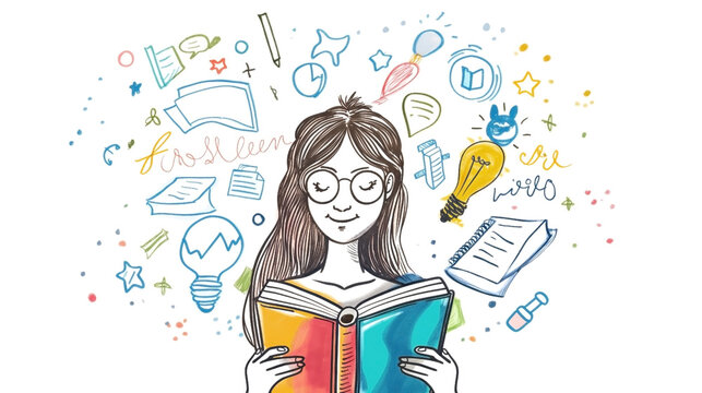 Colorful illustration of a young woman reading a book with imaginative doodles around her.