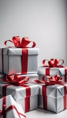 Beautifully wrapped presents in red and silver, featuring elegant bows, ready to bring joy and surprise, ideal for holiday celebrations and special moments