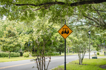 Golf Cart crossing sign on a black pole on a beautiful road with a tree canopy, horizontal 