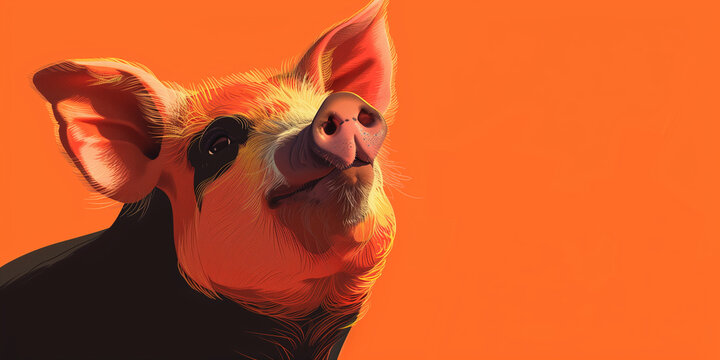 Veterinary agricultural banner copy space, tricolor spotted pig on orange red background