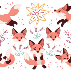 Seamless pattern cute red fox cartoon animal design vector illustration on white background