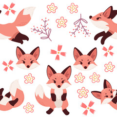 Seamless pattern cute red fox cartoon animal design vector illustration on white background