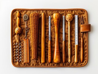 A premium set of crochet hooks featuring interchangeable handles and a range of hook sizes The set includes accessories such as stitch markers, white background