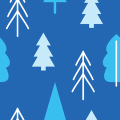 Obraz premium Blue background light blue trees white tree outlines design. Geometric tree shapes various shades blue, scattered pattern. Winterthemed graphic style simple, modern vectors