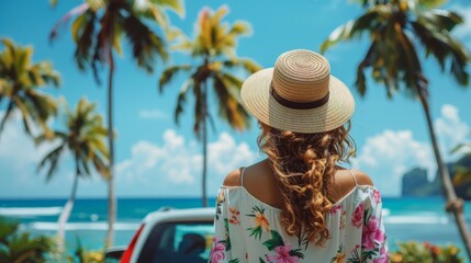 Woman in Straw Hat Facing Tropical Beach