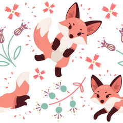 Seamless pattern cute red fox cartoon animal design vector illustration on white background