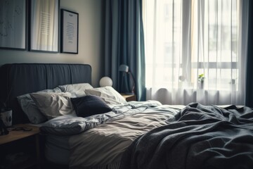 A cozy bedroom with a messy bed illuminated by natural light. The minimalist decor creates a serene and peaceful atmosphere.